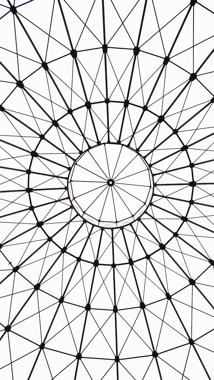 Artistic geometric dome ceiling with intricate lines and patterns in Leipzig, Germany.